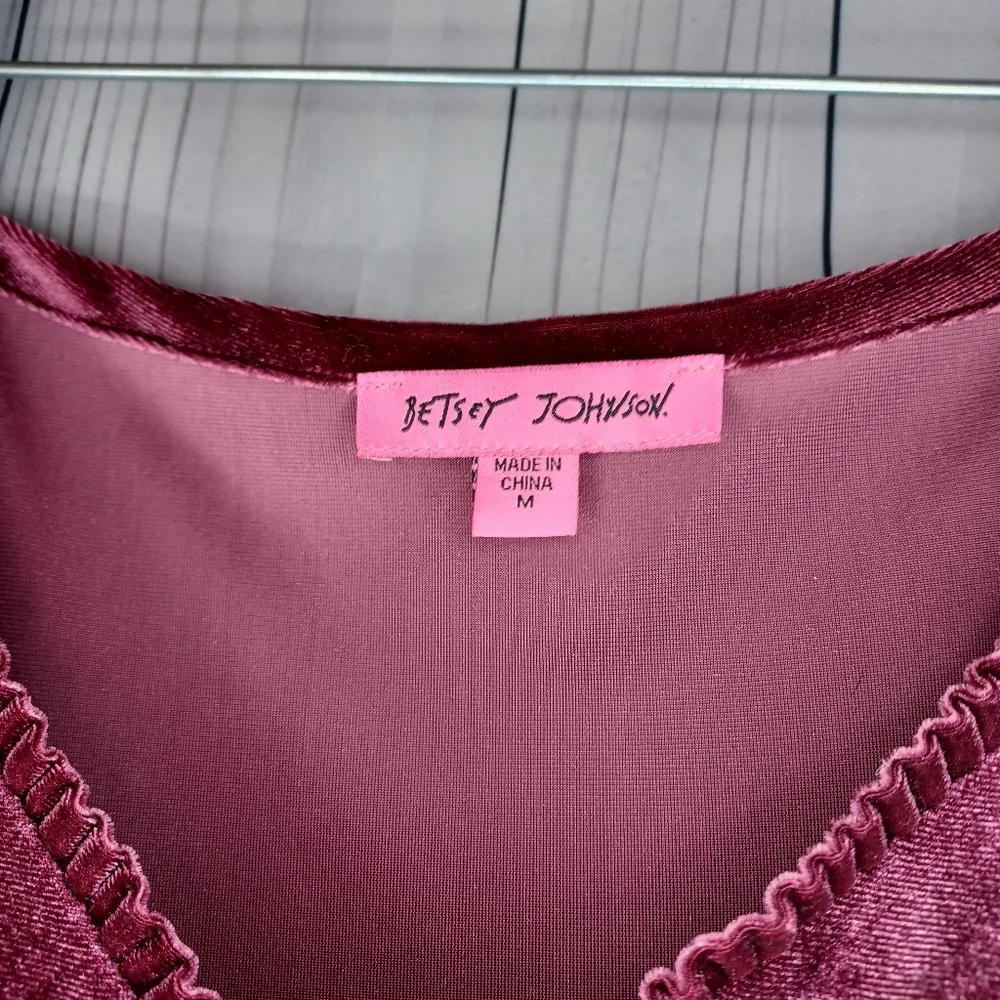 Betsey Johnson V-neck Mini Velvet Long Sleeve Dress in Burgundy - Picture 6 of 13